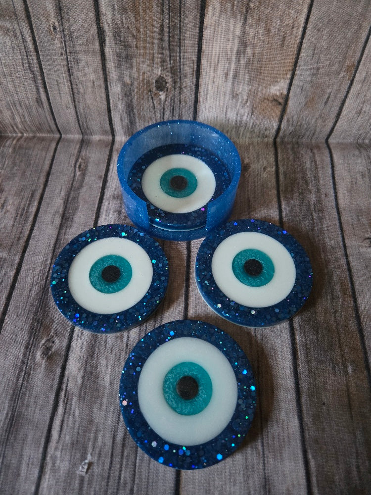 Handmade Evil Eye Resin Coaster | Sparkly Blue Protection