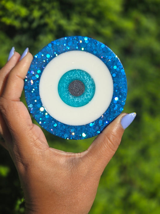 Handmade Evil Eye Resin Coaster | Sparkly Blue Protection